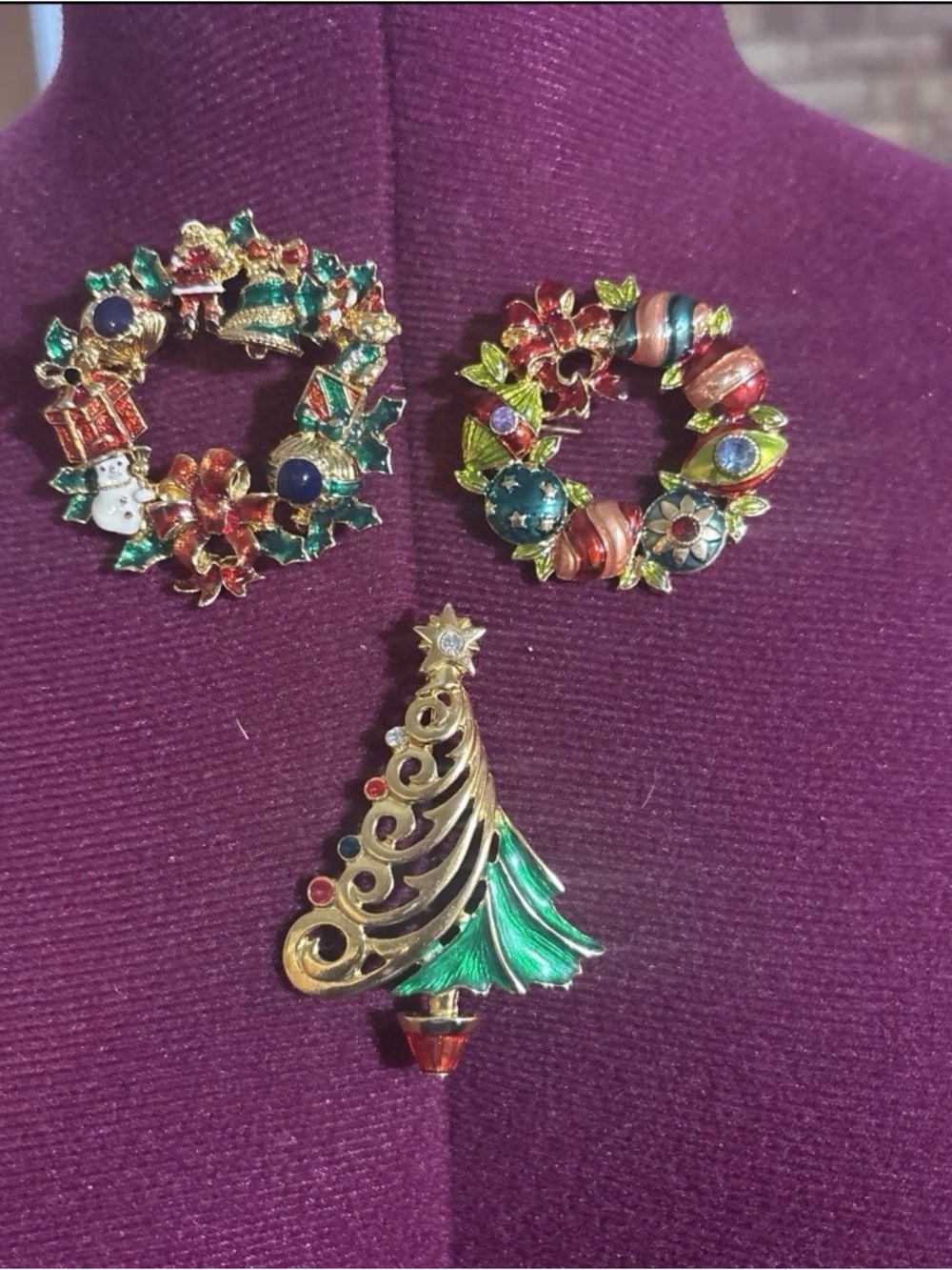 3 Vintage Christopher Radko Christmas Tree And Holiday Wreath Pin Brooch